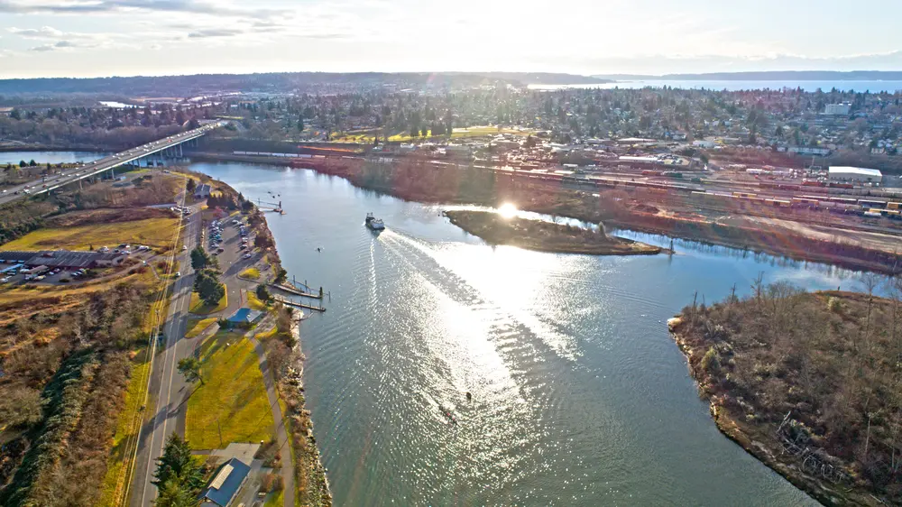 everett, wa aerial view of the snohomish river